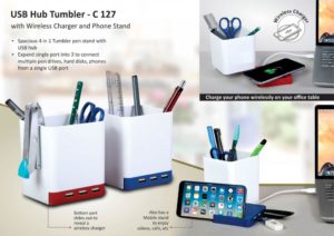 C127 – USB hub tumbler with wireless charger and Phone stand