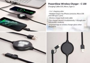 C130 – PowerGlow Wireless Charger | Charging Cable (iOS, Micro, Type C) | Logo glow function