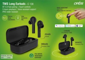 C138 – Artis TWS Long Earbuds | BT 5.0 Fast pairing | Touch controls | 5 hours playback | Voice assistant support | IPX5 water resistant (BE110M) (MRP 5499)