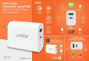 C165 – Artis Fast wall charger adapter | 20W QC 3.0 USB & PD Type C | Dual charging ports (UPD100) (MRP 1499)