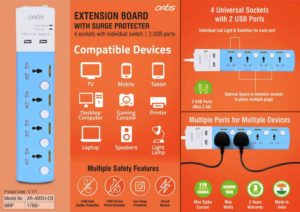 C171 – Artis Extension board with surge protecter | 4 sockets with individual switch | 2 USB ports (AR-4MSU-CB) (MRP 1799)