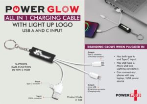C182 – PowerGlow All in 1 Charging cable with light up logo | Supports Data Function in Type C port | USB A and C input