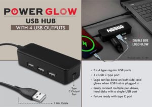 C184 – PowerGlow USB hub with 4 USB outputs | Double side Logo Glow | Type C output port | 1 mtr cable