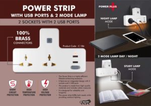 C186 – Power Strip with USB ports & Night Lamp | 2 sockets with 2 USB ports | 2 mode lamp