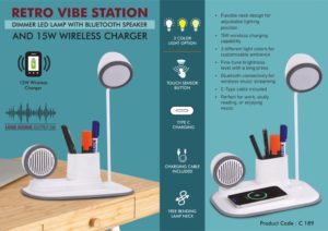 C189 – RetroVibe Station: Dimmer LED Lamp with Bluetooth speaker & 15W Wireless Charger