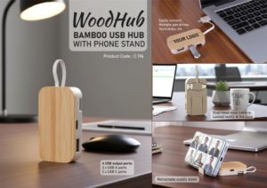 C196 – WoodHub: Bamboo USB hub with Phone stand | 4 USB outputs