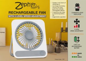 C197 – Zephyr: Rechargeable fan with 3 level speed adjustment | 1200mah battery
