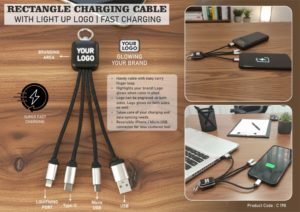 C198 – PowerGlow Rectangle Charging cable with Light Up Logo | Separate wires for all connectors | Fast charging