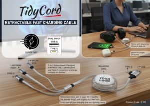 C199 – TidyCord: Retractable Fast Charging cable and 3 output heads | Dual Input and Triple Output | New Single side pull mechanism