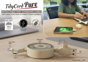 C202 – TidyCord Pure: Retractable Fast Charging cable with Data function in Wheat Straw material | Dual Input