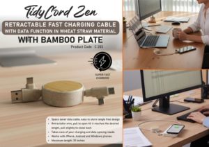 C203 – TidyCord Zen: Retractable Fast Charging cable with Data function in Wheat Straw material with Bamboo plate | Dual Input