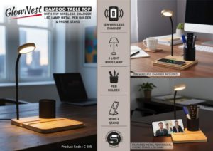 C205 – GlowNest: Bamboo Table top with 15W Wireless Charger, LED Lamp, Metal Pen holder & phone stand