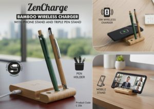 C206 – ZenCharge: Bamboo Wireless Charger with phone stand and triple pen stand | 15W wireless charger