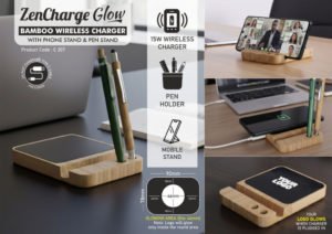 C207 – ZenCharge Glow: Bamboo Wireless Charger with Logo Highlight | Has a phone stand and pen stand | 15W wireless charger