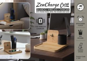 C209 – ZenCharge Core: Bamboo Wireless charger with phone stand, Metal Pen holder and Clock | 15W wireless charger