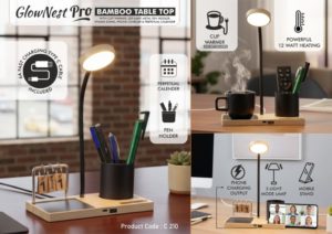 C210 – GlowNest Pro: Bamboo Table top with Cup warmer, LED Lamp, Metal Pen holder, Phone stand & Perpetual calendar