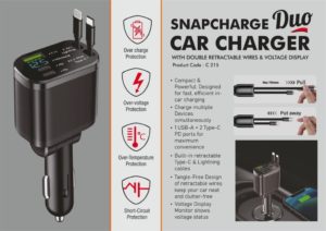 C215 – SnapCharge Duo: Car Charger with Double retractable wires & Voltage Display | Type C & Lightning built-in cables | 1 USB A and 2 Type C chaging ports | Supports simultaneous multi device charging