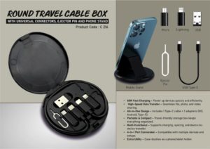 C216 – Round Travel Cable box with universal connectors, ejector pin and Phone stand