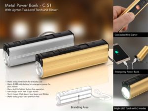 C51 – Metal Power bank with Lighter, two level Torch and blinker