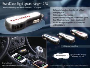 C68 – BrandGlow: Light up car charger with Full branding area (Dual USB Ports) (2.4A output)