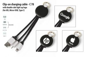 C78 – Clip-on charging cable with double side light up logo (iOS, Micro-USB, Type C)