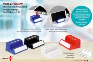 C85 – PowerGlow 3 USB hub with mobile stand and logo highlight (Top USB)
