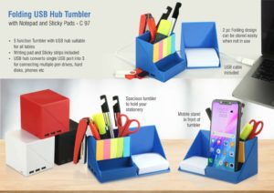 C97 – Folding USB hub tumbler with notepad and sticky pads | 3 USB ports