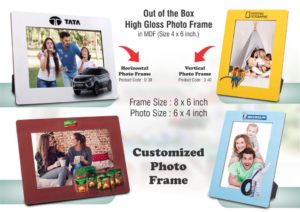D39 – Out of the box High Gloss Photo Frame in MDF | With customized frame & insert | Photo size 4×6 inch | Horizontal | MOQ 100 pcs