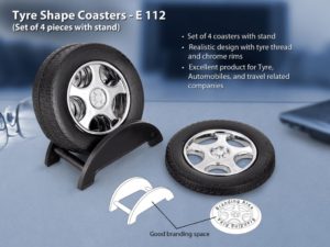 E112 – Tyre shape coaster set with stand (4 pcs)