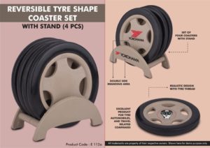 E112a – Reversible Tyre shape coaster set with stand (4 pcs)
