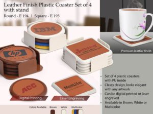 E195 – Leather finish Plastic coaster set of 4 with stand (square)