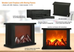 E213 – Wooden look Fireplace with moving flames | Works with USB / Batteries | Cable included