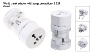 E229 – World travel adaptor with surge protection (round)