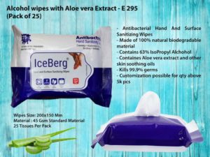 E295 – Pack of 25 Alcohol wipes with Aloe vera Extract | For Cleansing, Sanitizing, Moisturizing | Biodegradable wipes