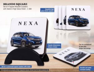 E308 – Brando Square: Set of 4 Square Wooden coasters with Stand in High Gloss Finish | MOQ 100 pcs