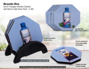 E309 – Brando Hex: Set of 4 Hexagon Wooden coasters with Stand in High Gloss Finish | MOQ 100 pcs