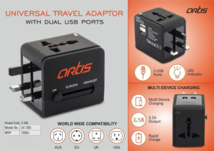 E326 – Artis Universal travel adaptor with Dual USB ports (UV200) (MRP 1999)
