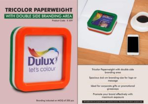 E359 – Tricolor Paperweight with Double Side branding area | Branding size 6×6 cm approx | Branding MOQ 300 pc