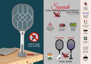 E386 – Squash: Dual Mode Mosquito racket with stand | UV Light I Insect Killer & Fly Swatter I 1200 mAh rechargeable Battery