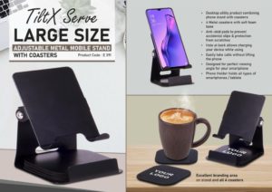 E391 – TiltX Serve: Large size Adjustable metal mobile stand with table coasters | 4 metal coasters