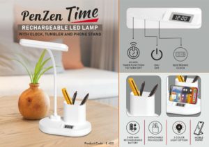 E403 – PenZen Time: Rechargeable LED lamp with Clock, Pen stand tumbler and Phone stand | 3 Color light with Brightness adjustment | Type C Charging | 2400 mAh battery