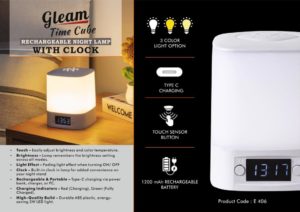 E406 – Gleam TimeCube: Soft touch Rechargeable Night Lamp with Clock | 3 Color light with Brightness adjustment | Type C Charging | 1200 mah battery