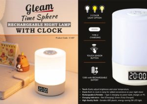 E407 – Gleam TimeSphere: Soft touch Rechargeable Night Lamp with Clock | 3 Color light with Brightness adjustment | Type C Charging | 1200 mah battery