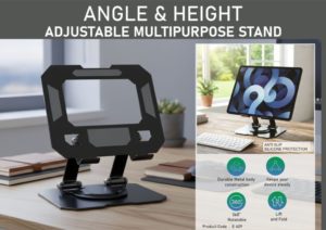 E409 – Angle & Height adjustable multipurpose stand | Suitable for mobile & tablets | Rotating base | Metal Alloy body