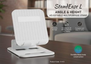 E413 – StandEase L: Angle & Height adjustable multipurpose stand | Suitable for mobile & tablets | Rotating base | Heavy metal base | Foldable body