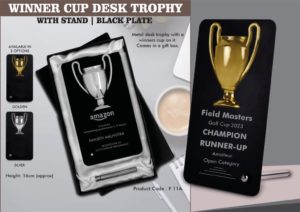 F11a – Winner Cup Desk Trophy with stand | Shiny Chrome Cup with Black Plate