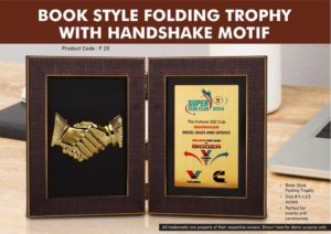 F20 – Book Style Folding Trophy with Handshake Motif | 8.5 x 6.5″ | Solid Background