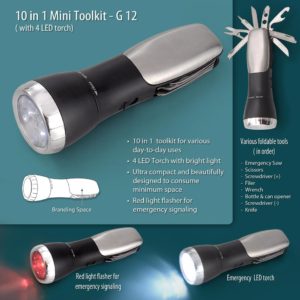 G12 – Mini emergency trekking toolkit (10 function with 5 mode torch & 2 mode flasher)