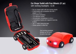 G28 – Car shape toolkit with free wheels (21 pc) | with working headlights