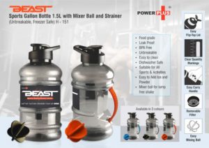 H151 – Beast Sports gallon water bottle 1.5 L with mixer ball and strainer (Unbreakable, Freezer safe)
